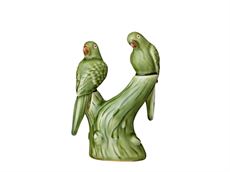 Keramikfigur - to papegøjer på gren - græsgrøn